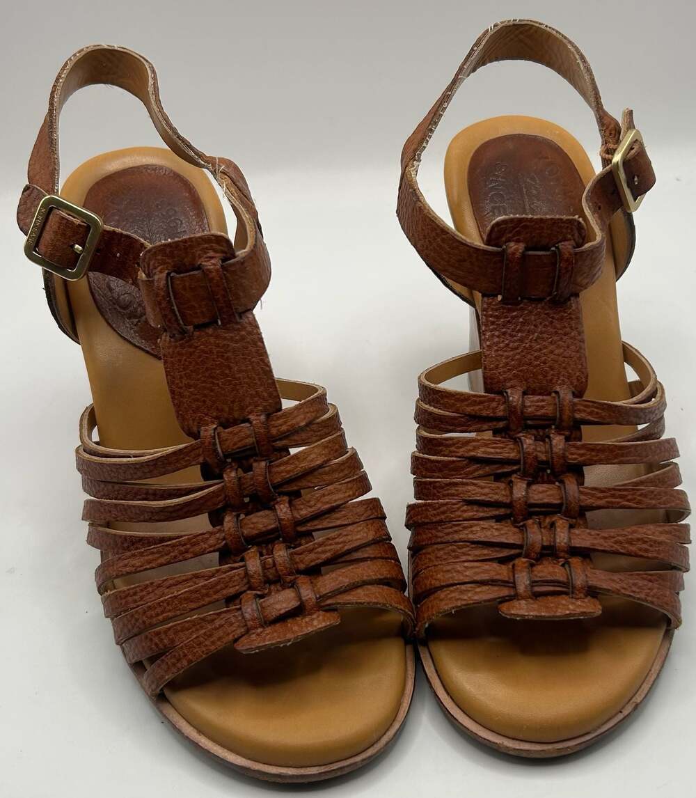 Kork-Ease Brown Leather Woven Strappy Block Heel Sandals